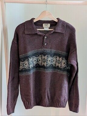 Vintage Collared Fair Isle Knit Button-front Polo Henley Sweater In Burgundy